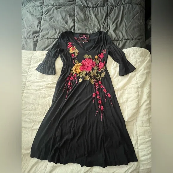 JW Los Angeles floral embroidery black cotton dress size medium - Picture 6 of 16